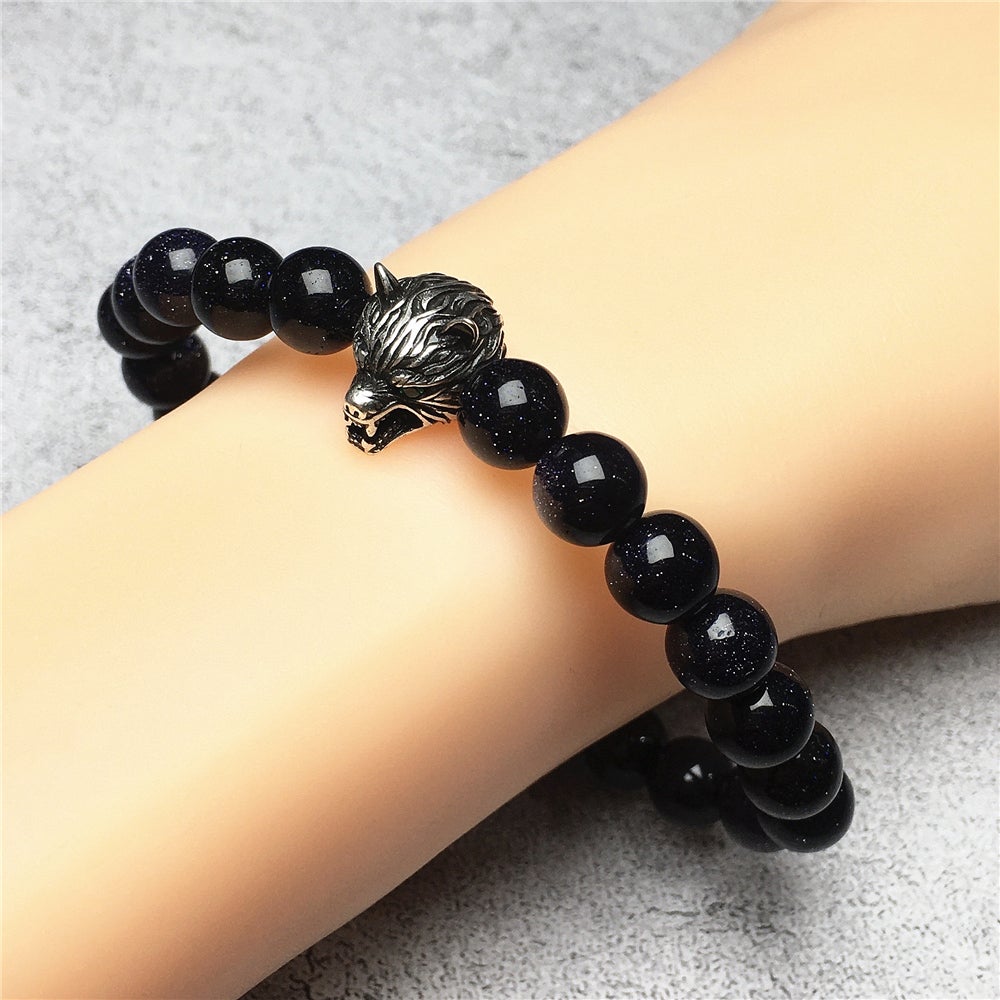 Natural Blue Sandstone Gemstone with Wolf Charm Spacer Bracelets Elastic Stretch Bracelet