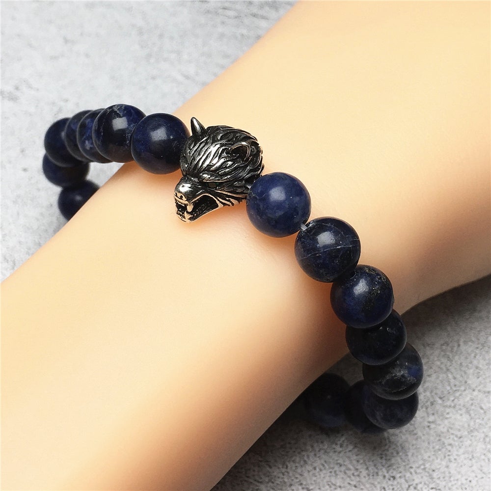 Natural Blue Sodalite Gemstone with Wolf Charm Spacer Bracelets Elastic Stretch Bracelet