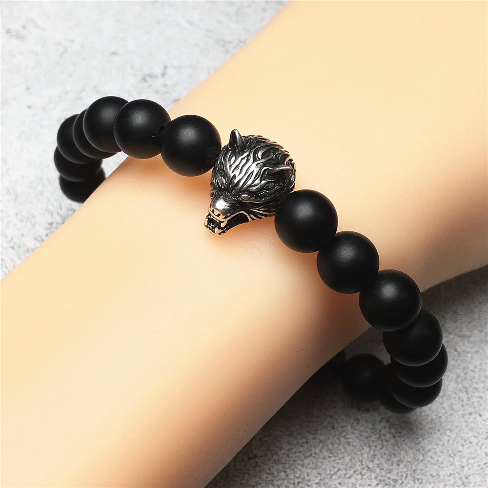 Natural Matte Onyx Gemstone with Wolf Charm Spacer Bracelets Elastic Stretch Bracelet