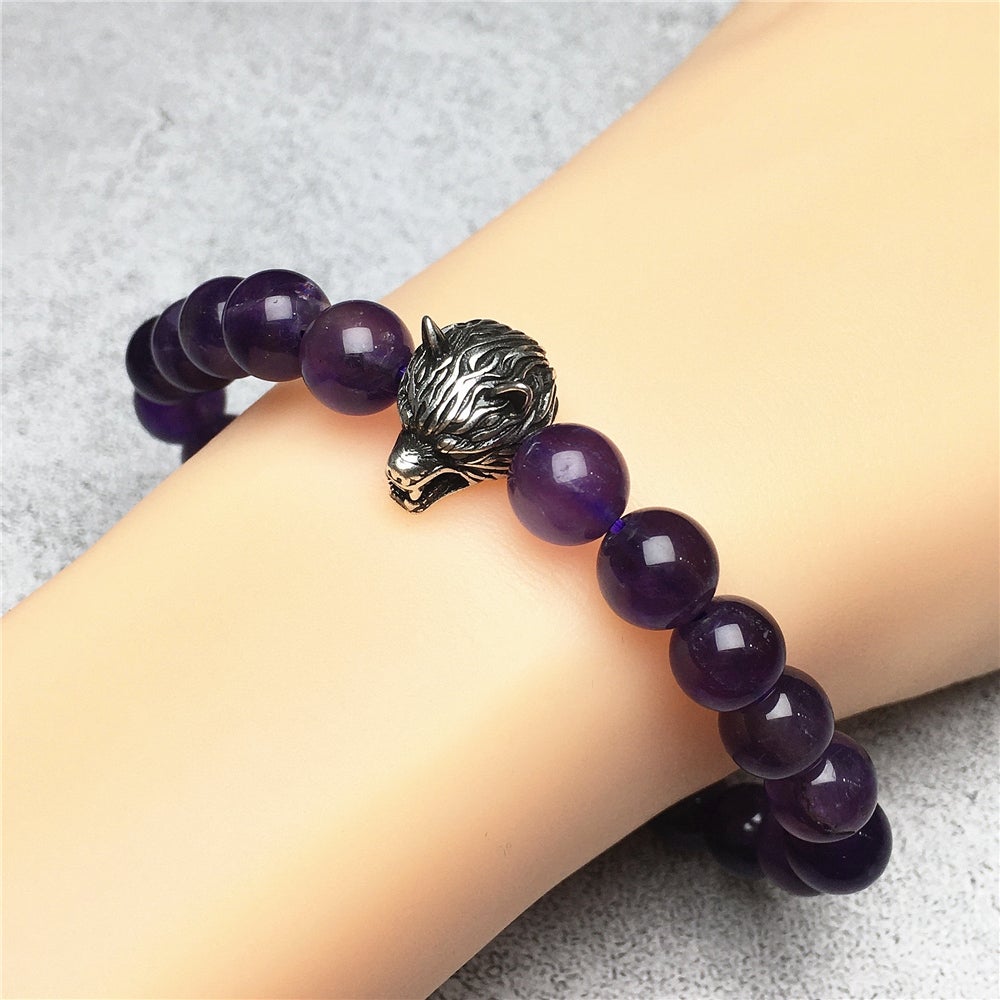Natural Amethyst Gemstone with Wolf Charm Spacer Bracelets Elastic Stretch Bracelet