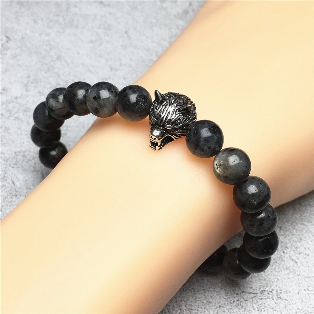 Natural Labradorite Gemstone with Wolf Charm Spacer Bracelets Elastic Stretch Bracelet