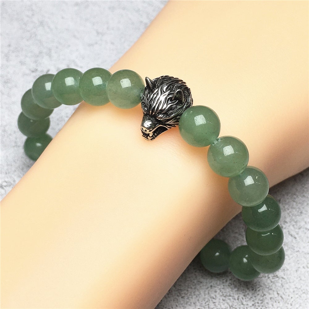 Wolf Charm Natural Green Adventurine Stone Bracelets Elastic Jewelry