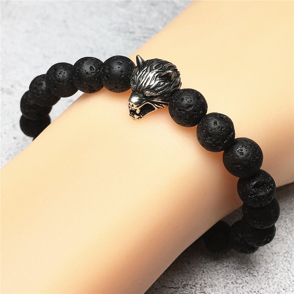Natural Lava Stone Gemstone with Wolf Charm Spacer Bracelets Elastic Stretch Bracelet