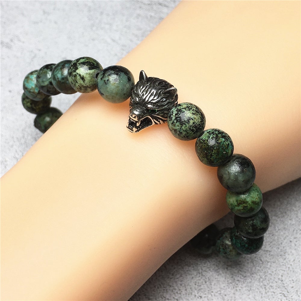 Natural African Turquoise Gemstone with Wolf Charm Spacer Bracelets Elastic Stretch Bracelet
