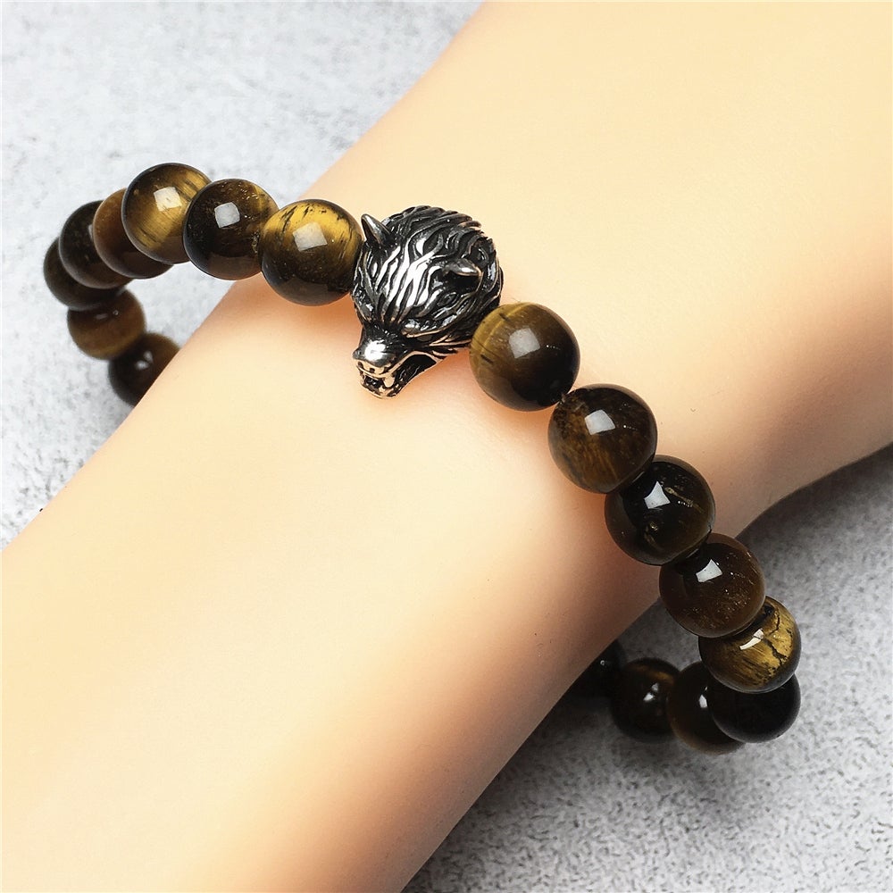 Natural Tiger Eyes Gemstone with Wolf Charm Spacer Bracelets Elastic Stretch Bracelet