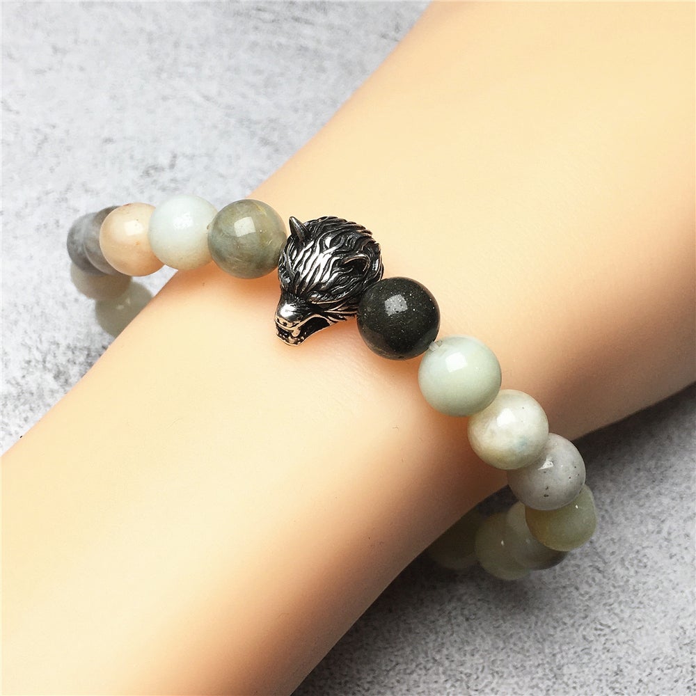 Natural Amazonite Gemstone with Wolf Charm Spacer Bracelets Elastic Stretch Bracelet