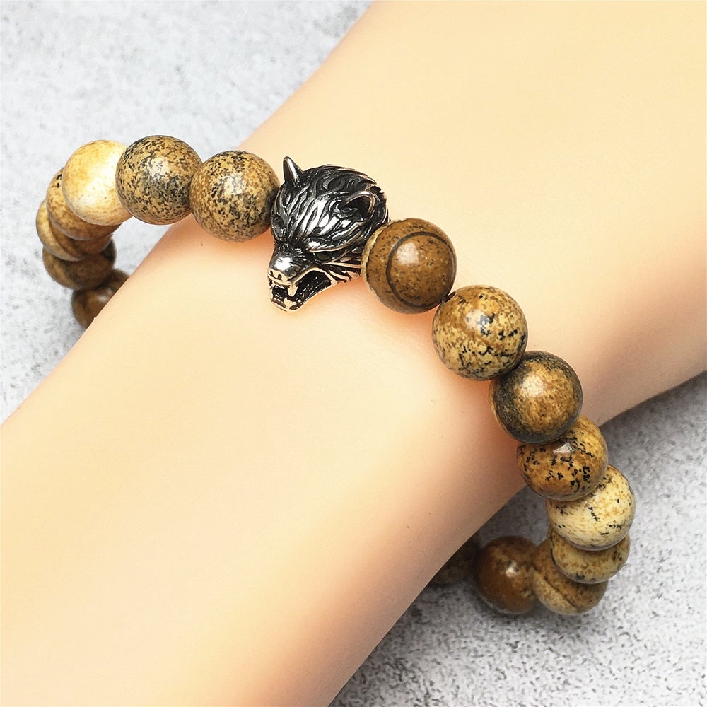 Natural Picture Jasper Gemstone with Wolf Charm Spacer Bracelets Elastic Stretch Bracelet