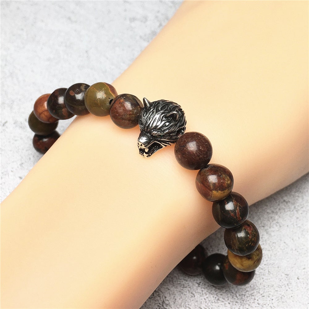 Natural Picasso Jasper Gemstone with Wolf Charm Spacer Bracelets Elastic Stretch Bracelet