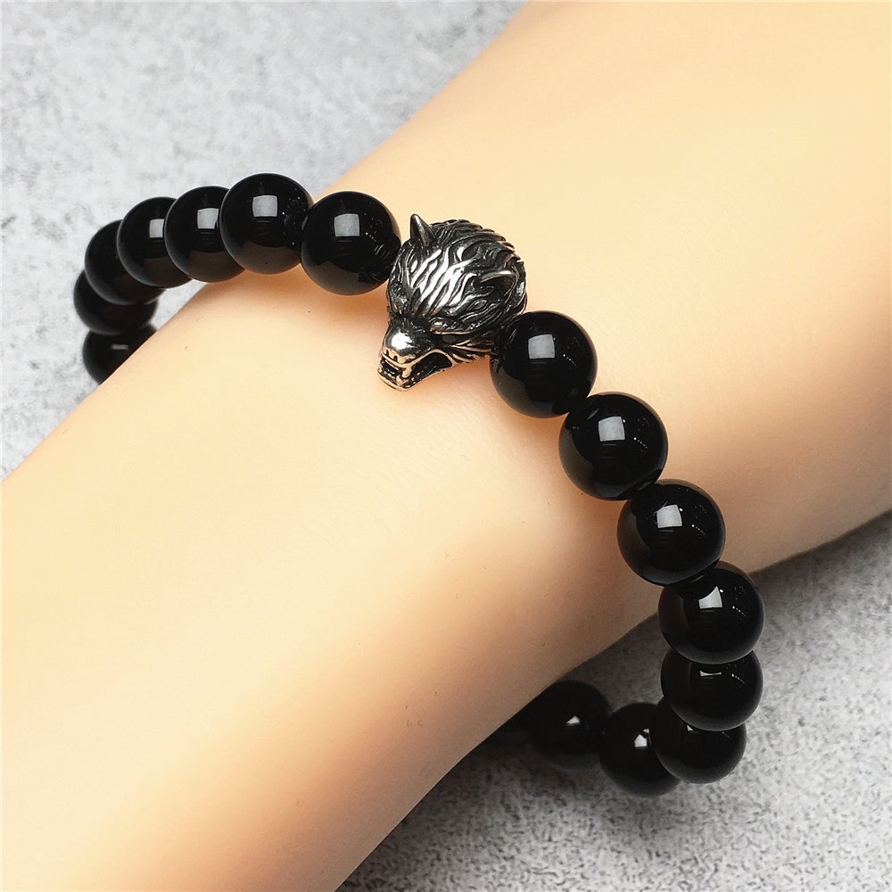 Natural Black Onyx Gemstone with Wolf Charm Bracelets Elastic Jewelry