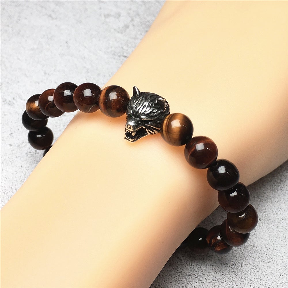 Natural Red Tiger Eyes Gemstone with Wolf Charm Spacer Bracelets Elastic Stretch Bracelet