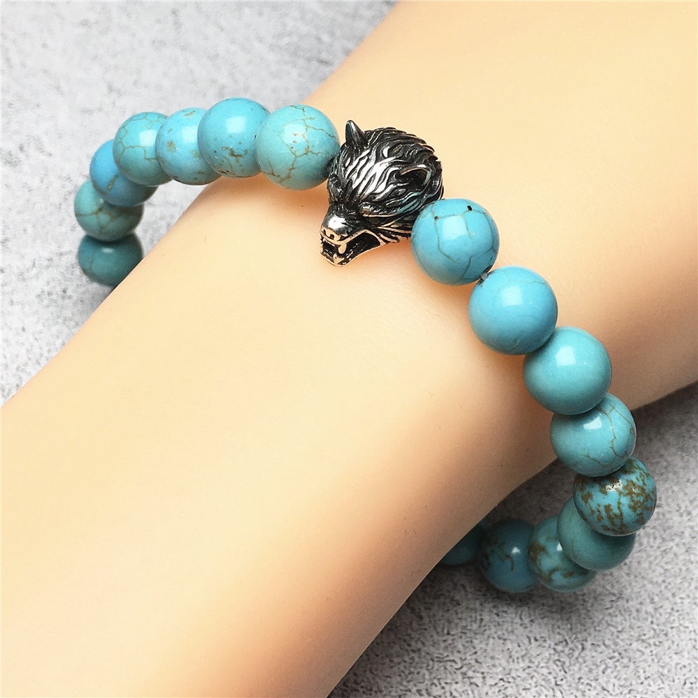 Natural Blue Turquoise Gemstone with Wolf Charm Spacer Bracelets Elastic Stretch Bracelet