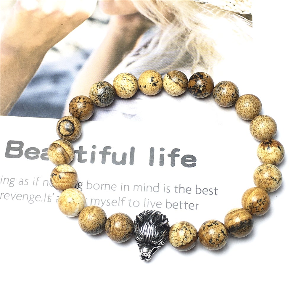 Natural Picture Jasper Gemstone with Wolf Charm Spacer Bracelets Elastic Stretch Bracelet