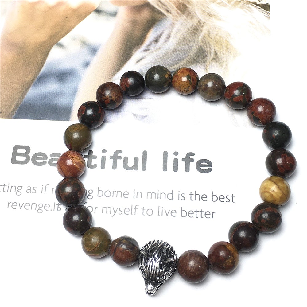 Natural Picasso Jasper Gemstone with Wolf Charm Spacer Bracelets Elastic Stretch Bracelet