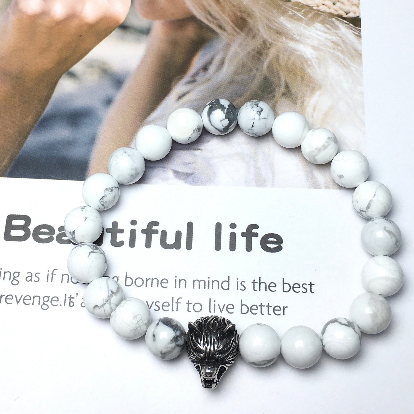 Wolf Charm Natural Howlite Stone Bracelets Elastic Jewelry