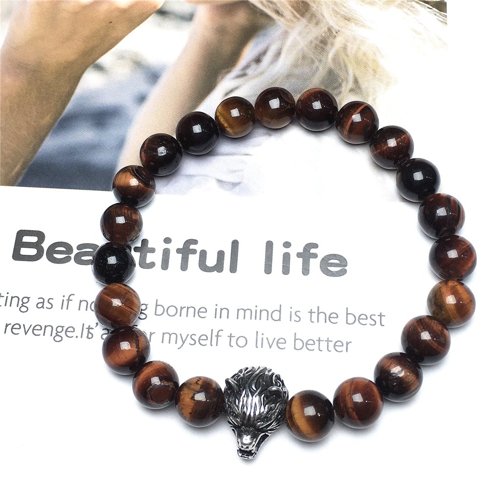 Natural Red Tiger Eyes Gemstone with Wolf Charm Spacer Bracelets Elastic Stretch Bracelet