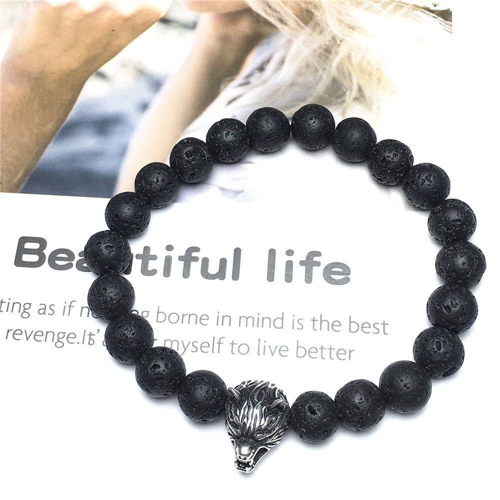 Natural Lava Stone Gemstone with Wolf Charm Spacer Bracelets Elastic Stretch Bracelet