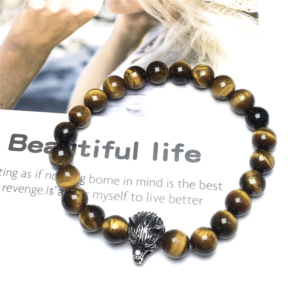 Natural Tiger Eyes Gemstone with Wolf Charm Spacer Bracelets Elastic Stretch Bracelet