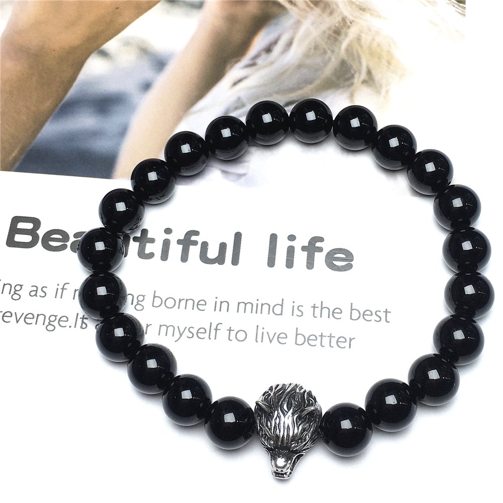 Natural Black Onyx Gemstone with Wolf Charm Bracelets Elastic Jewelry