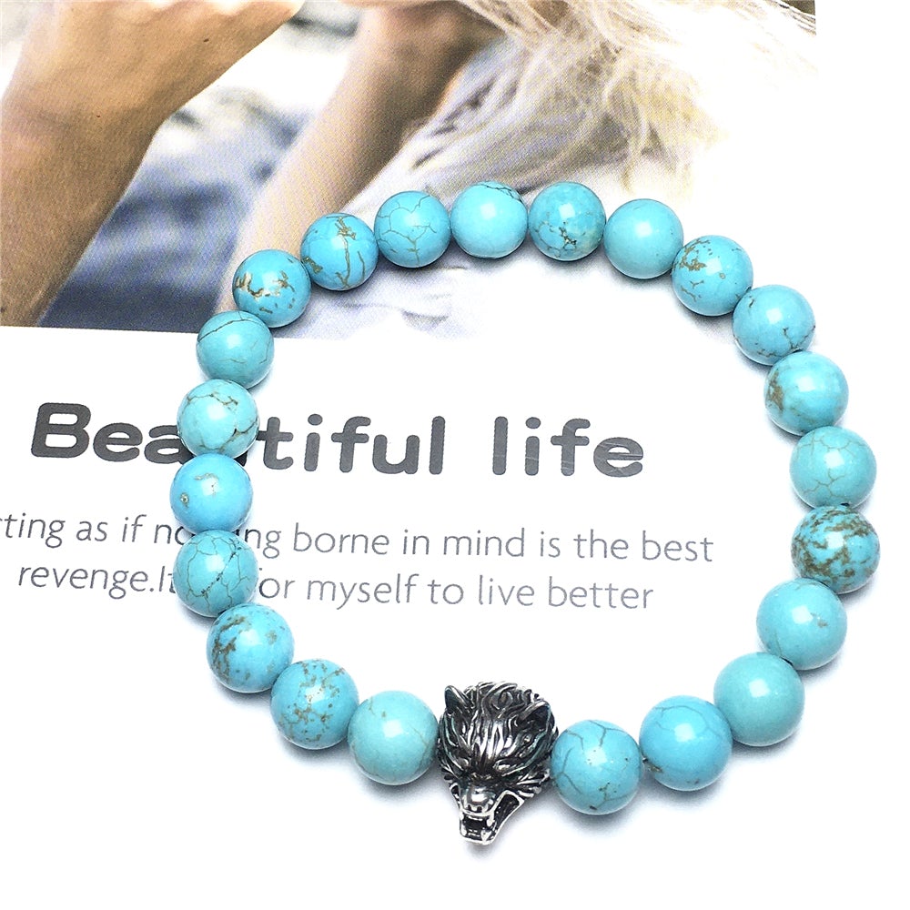 Natural Blue Turquoise Gemstone with Wolf Charm Spacer Bracelets Elastic Stretch Bracelet