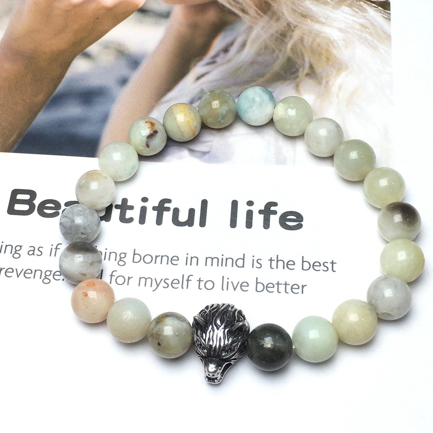 Natural Amazonite Gemstone with Wolf Charm Spacer Bracelets Elastic Stretch Bracelet