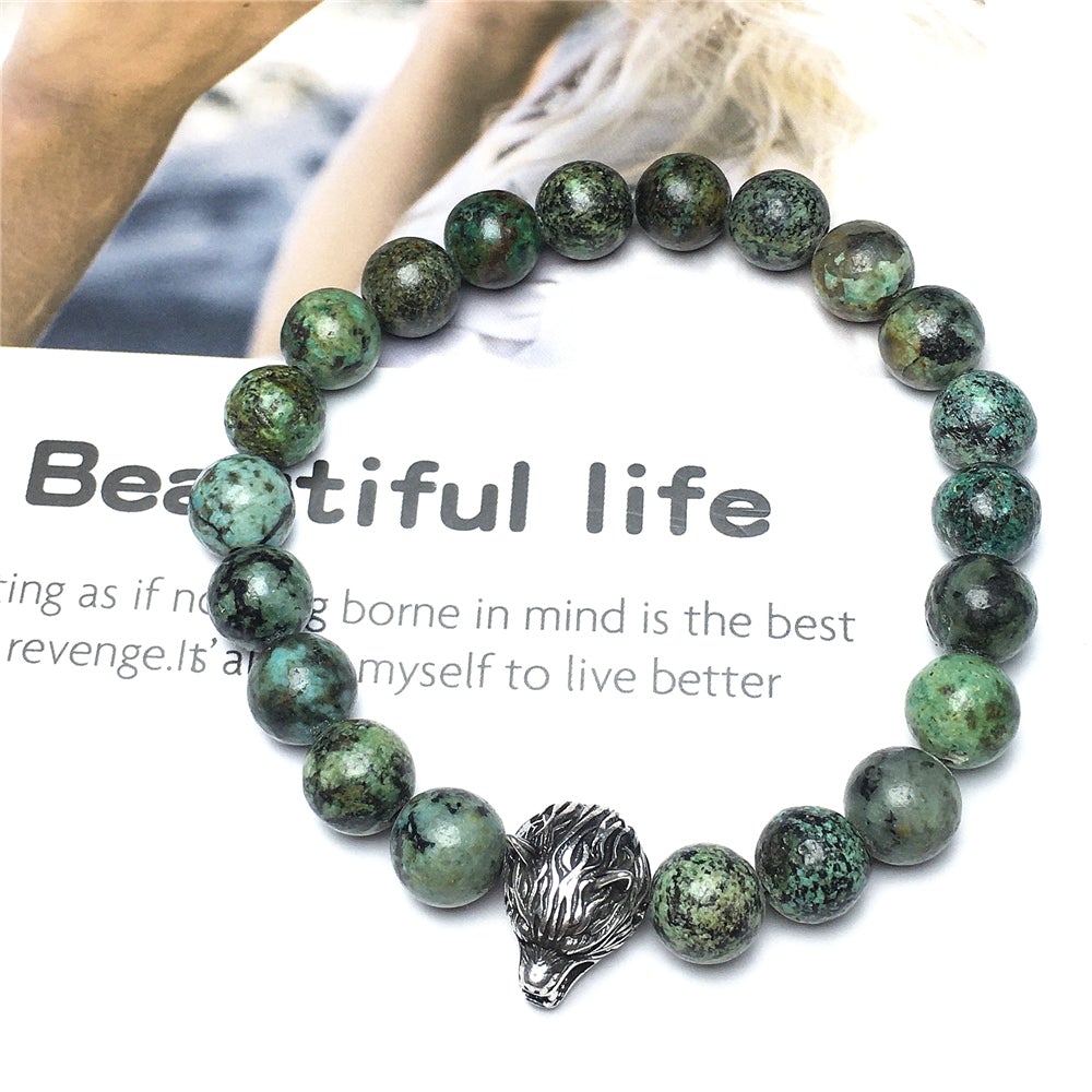 Natural African Turquoise Gemstone with Wolf Charm Spacer Bracelets Elastic Stretch Bracelet