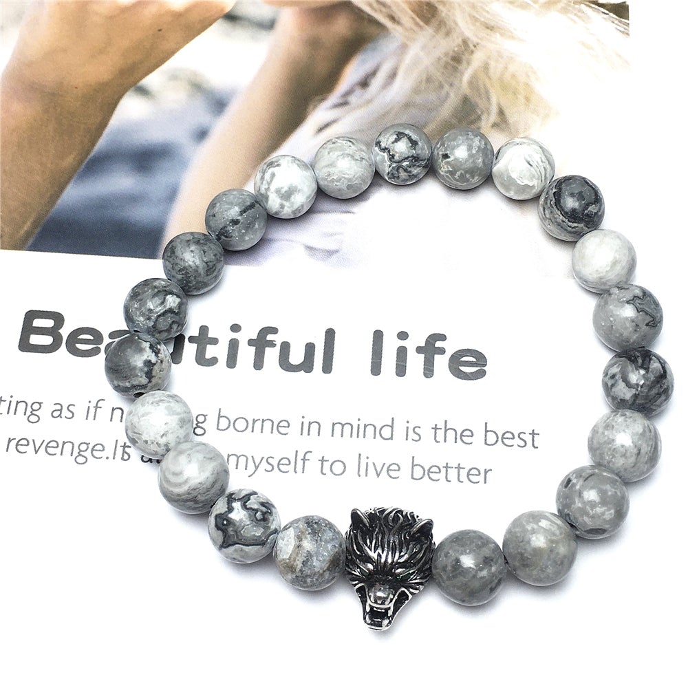 Natural Map Stone Gemstone with Wolf Charm Spacer Bracelets Elastic Stretch Bracelet