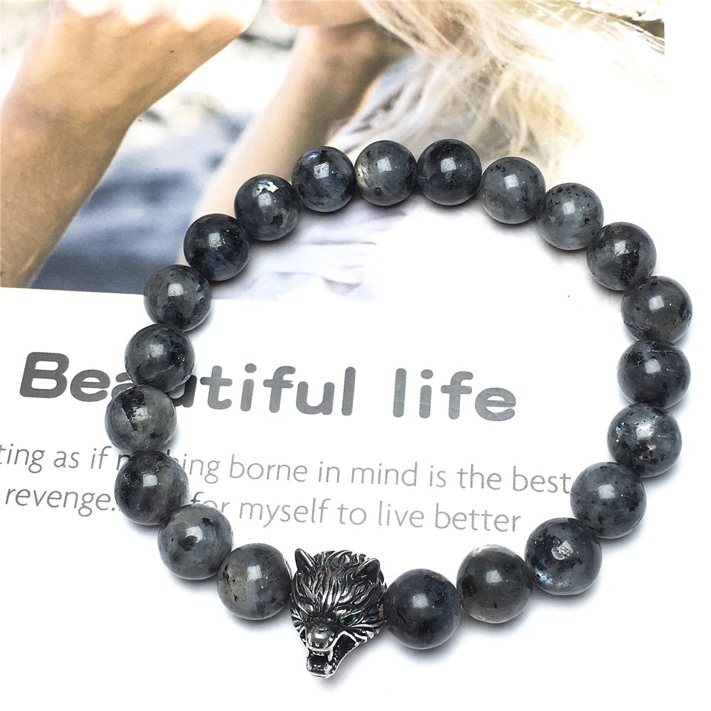 Natural Labradorite Gemstone with Wolf Charm Spacer Bracelets Elastic Stretch Bracelet