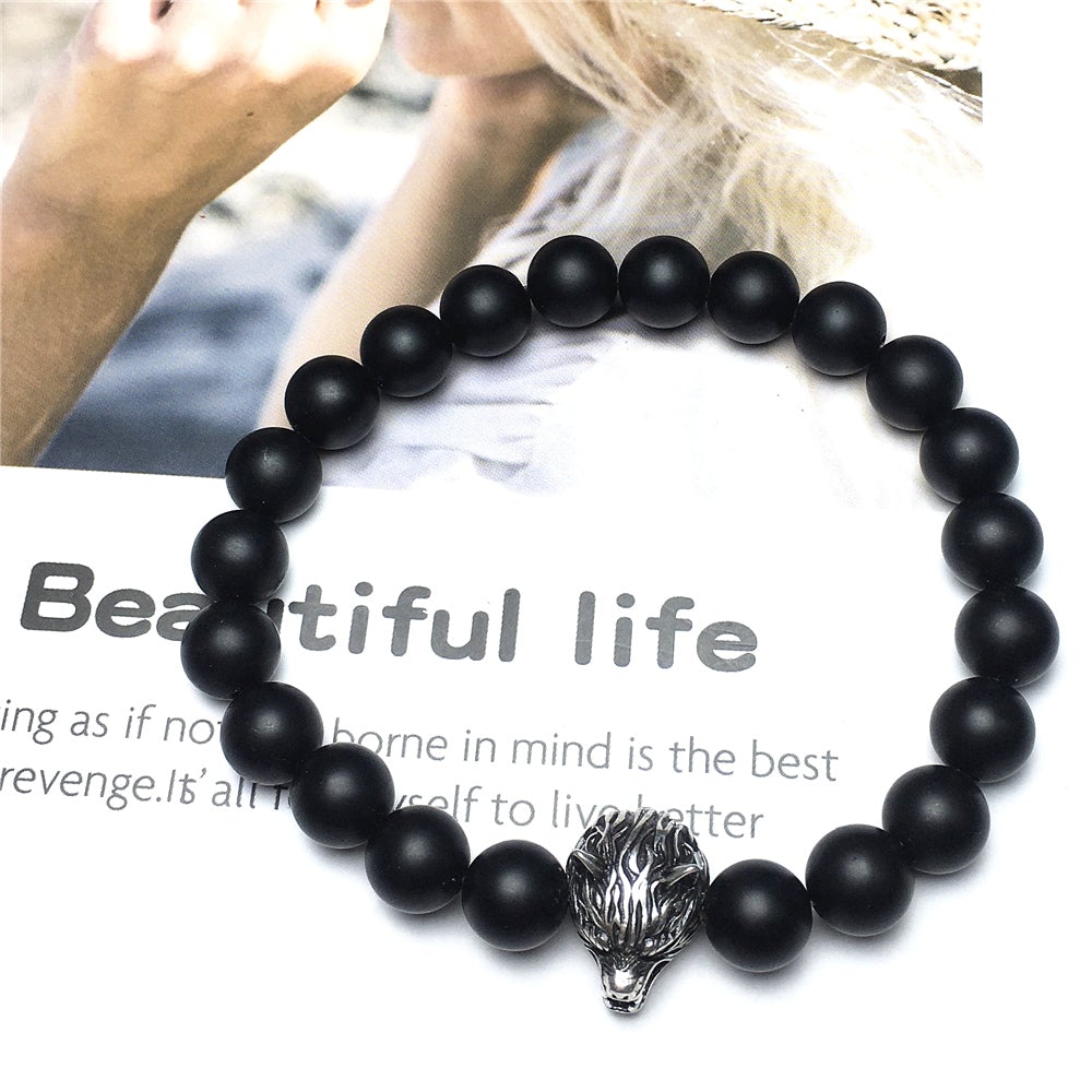 Natural Matte Onyx Gemstone with Wolf Charm Spacer Bracelets Elastic Stretch Bracelet