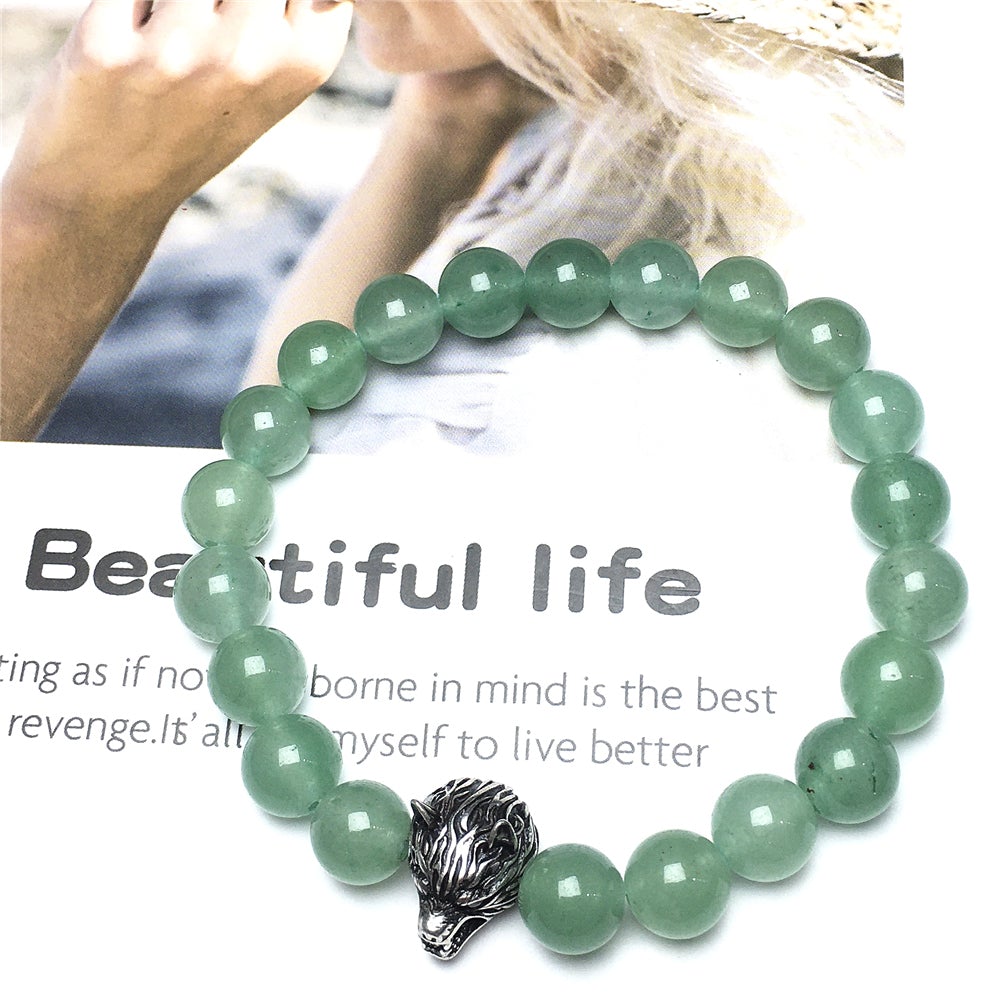 Wolf Charm Natural Green Adventurine Stone Bracelets Elastic Jewelry