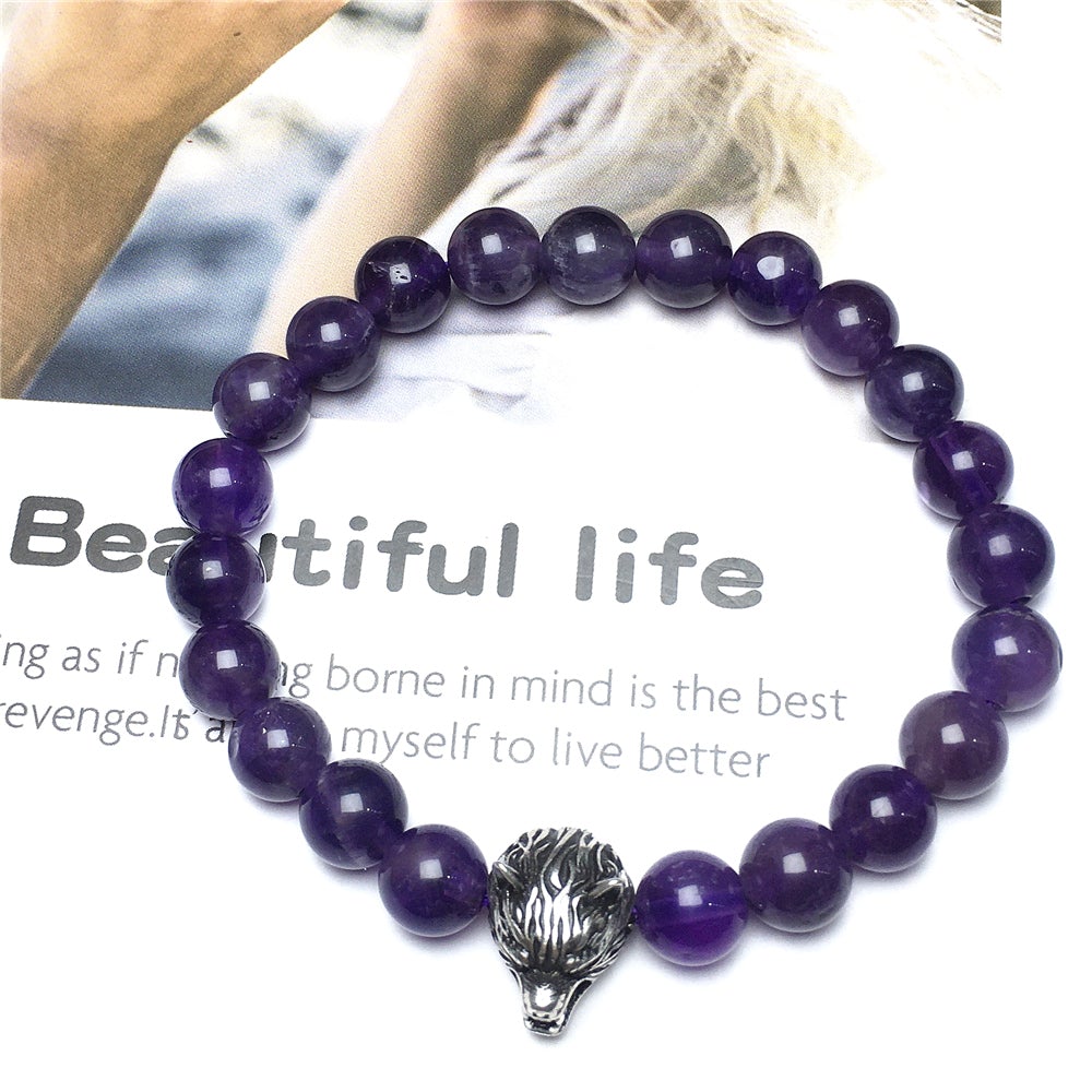 Natural Amethyst Gemstone with Wolf Charm Spacer Bracelets Elastic Stretch Bracelet
