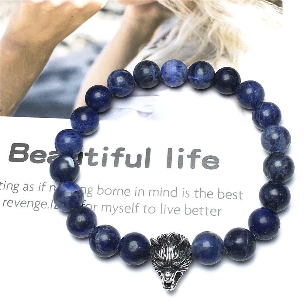 Natural Blue Sodalite Gemstone with Wolf Charm Spacer Bracelets Elastic Stretch Bracelet
