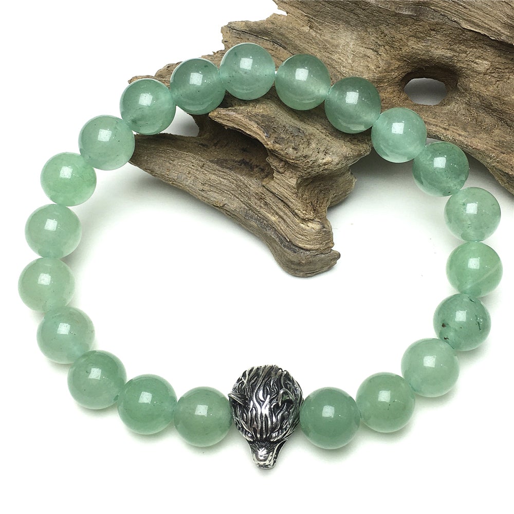 Wolf Charm Natural Green Adventurine Stone Bracelets Elastic Jewelry