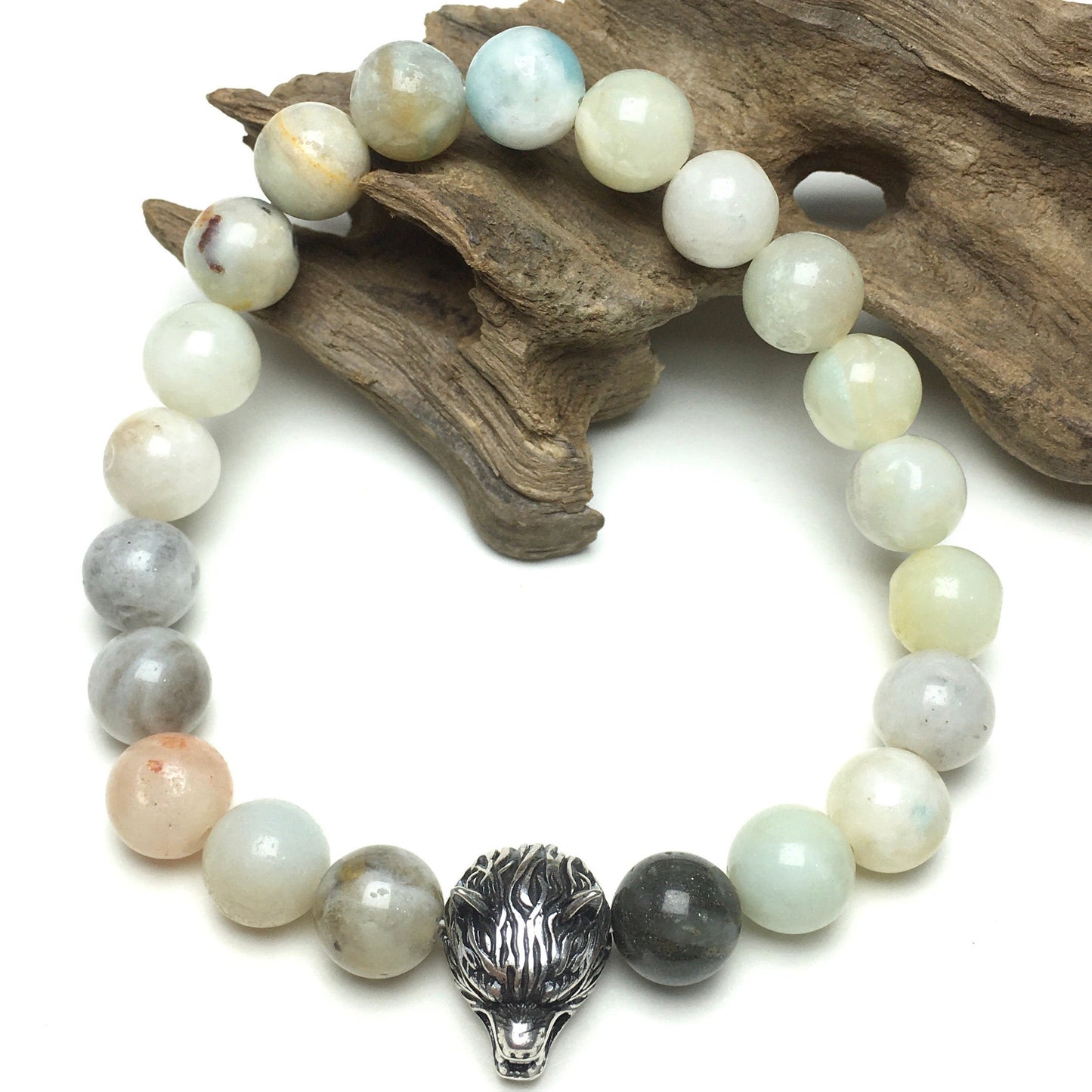 Natural Amazonite Gemstone with Wolf Charm Spacer Bracelets Elastic Stretch Bracelet