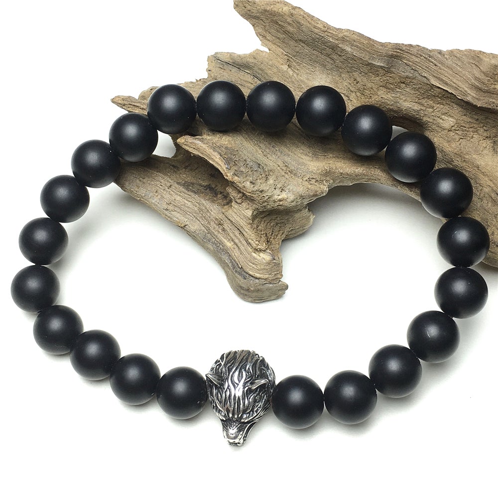 Natural Matte Onyx Gemstone with Wolf Charm Spacer Bracelets Elastic Stretch Bracelet