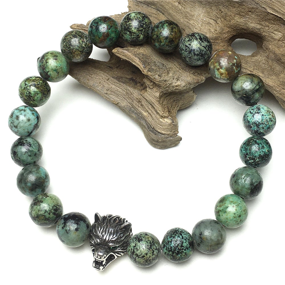 Natural African Turquoise Gemstone with Wolf Charm Spacer Bracelets Elastic Stretch Bracelet
