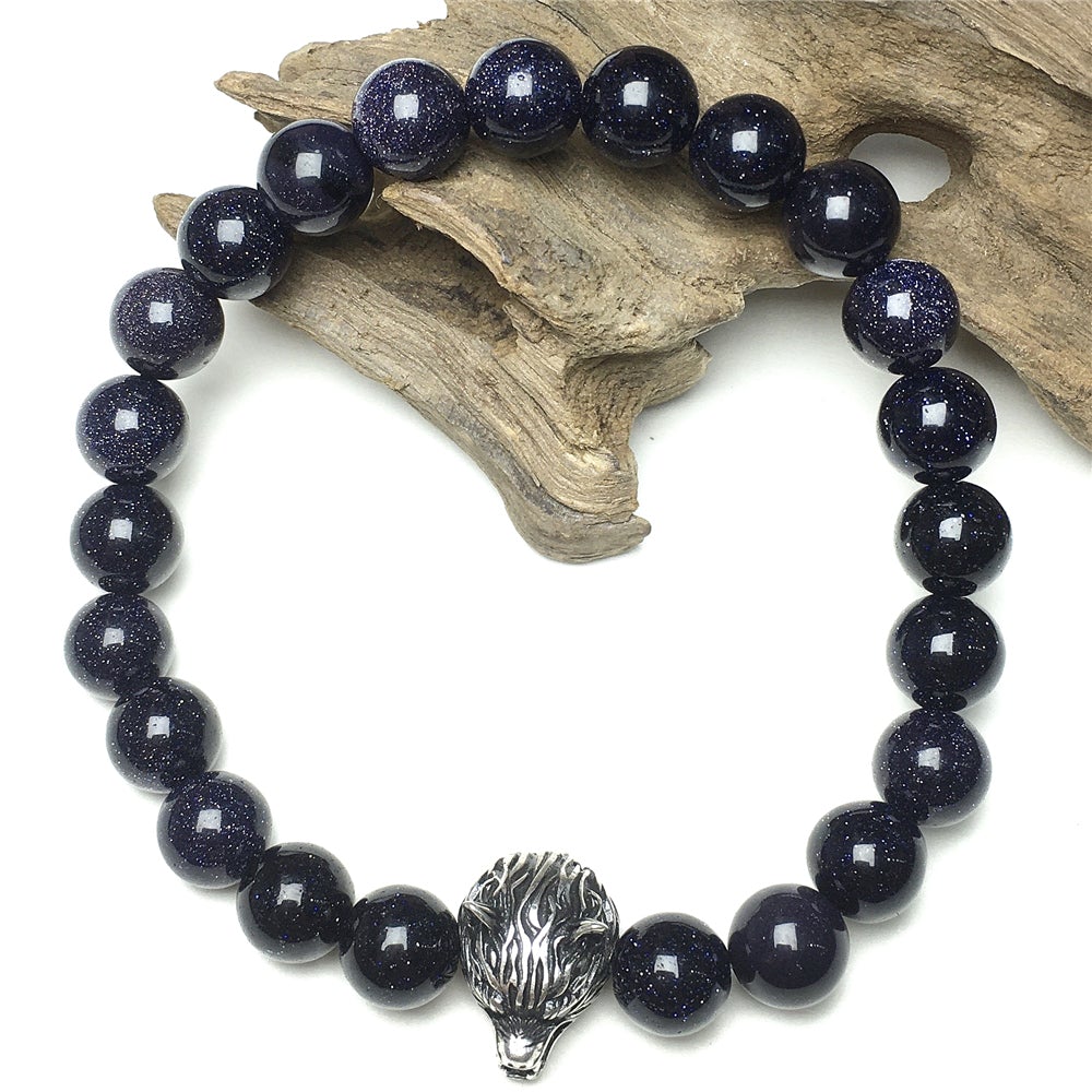 Natural Blue Sandstone Gemstone with Wolf Charm Spacer Bracelets Elastic Stretch Bracelet