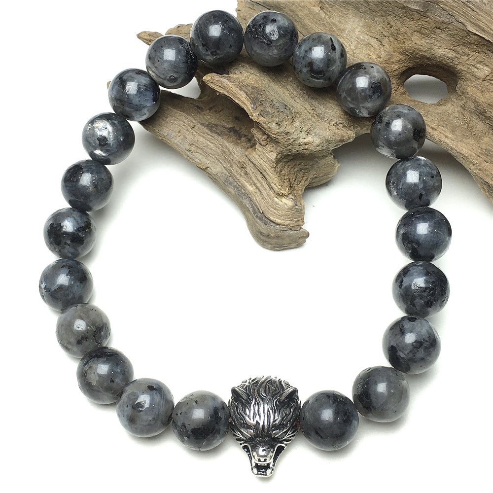 Natural Labradorite Gemstone with Wolf Charm Spacer Bracelets Elastic Stretch Bracelet
