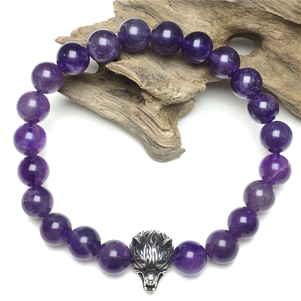 Natural Amethyst Gemstone with Wolf Charm Spacer Bracelets Elastic Stretch Bracelet