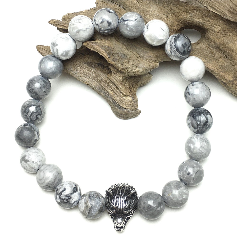 Natural Map Stone Gemstone with Wolf Charm Spacer Bracelets Elastic Stretch Bracelet