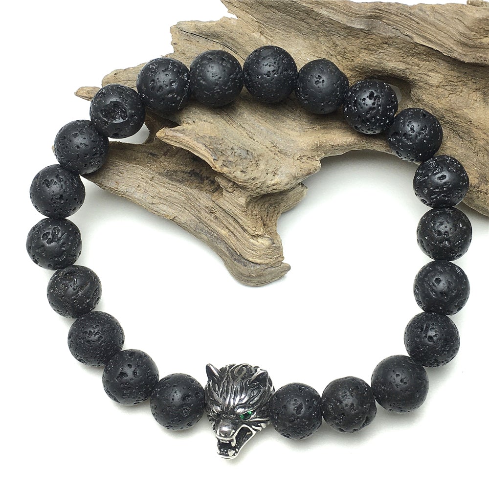 Natural Lava Stone Gemstone with Wolf Charm Spacer Bracelets Elastic Stretch Bracelet