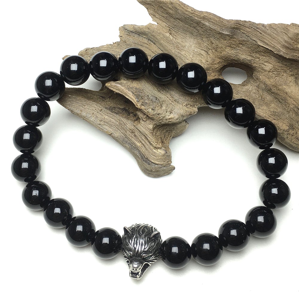 Natural Black Onyx Gemstone with Wolf Charm Bracelets Elastic Jewelry