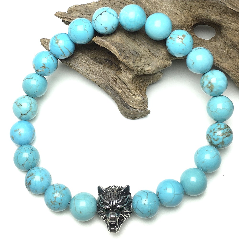 Natural Blue Turquoise Gemstone with Wolf Charm Spacer Bracelets Elastic Stretch Bracelet