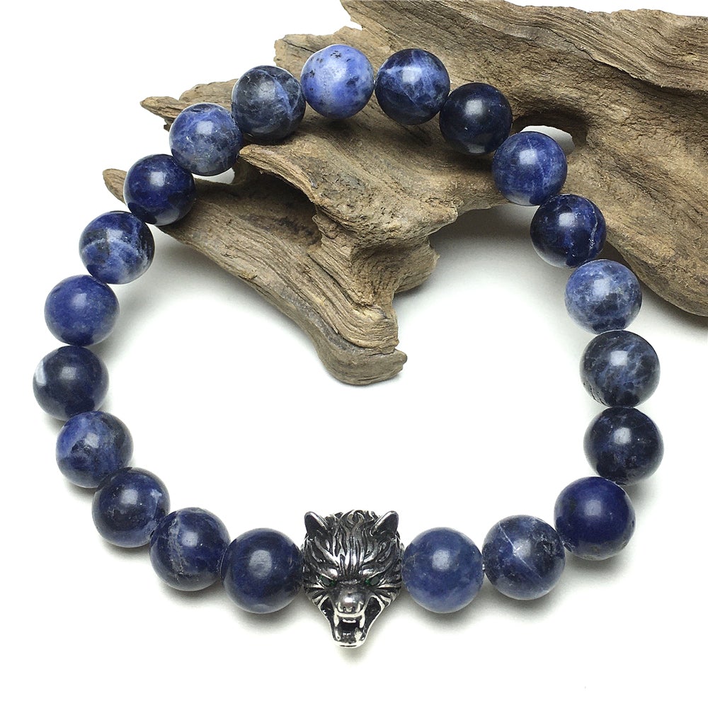 Natural Blue Sodalite Gemstone with Wolf Charm Spacer Bracelets Elastic Stretch Bracelet
