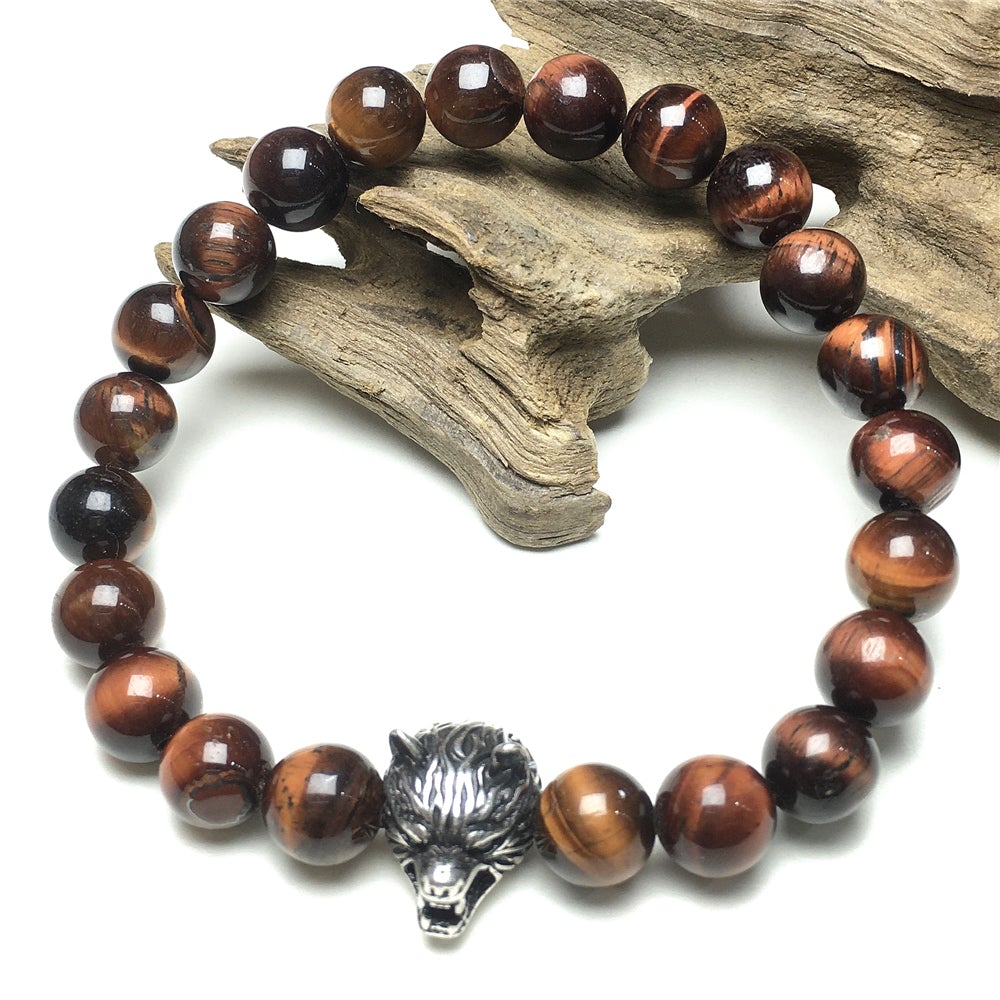 Natural Red Tiger Eyes Gemstone with Wolf Charm Spacer Bracelets Elastic Stretch Bracelet