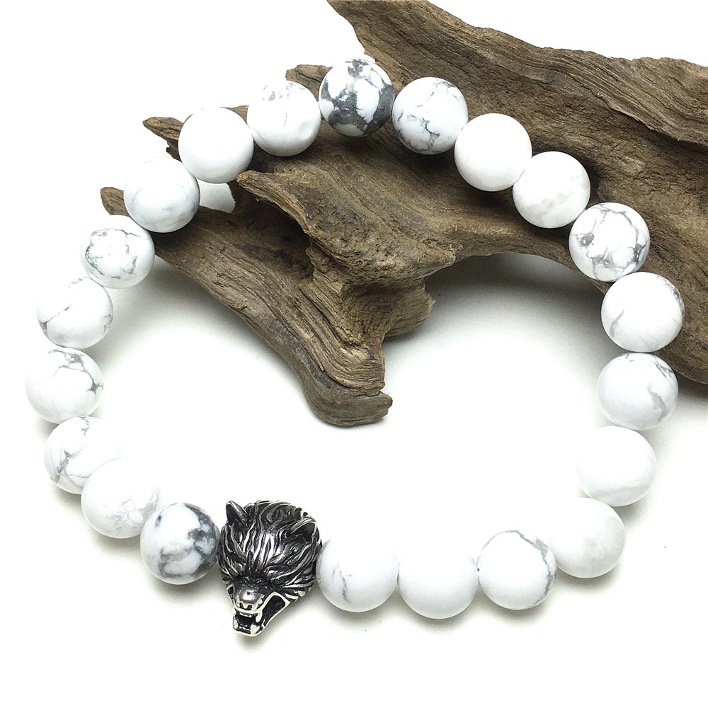 Wolf Charm Natural Howlite Stone Bracelets Elastic Jewelry