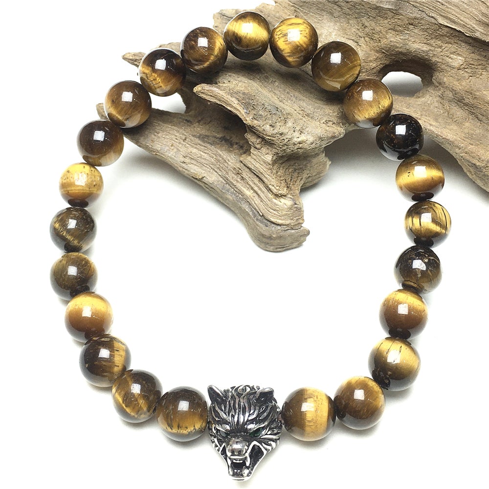 Natural Tiger Eyes Gemstone with Wolf Charm Spacer Bracelets Elastic Stretch Bracelet