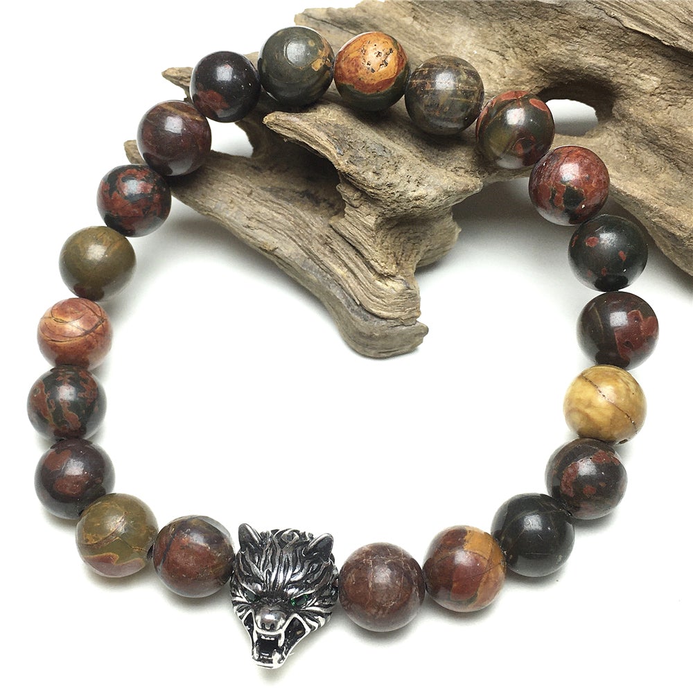 Natural Picasso Jasper Gemstone with Wolf Charm Spacer Bracelets Elastic Stretch Bracelet