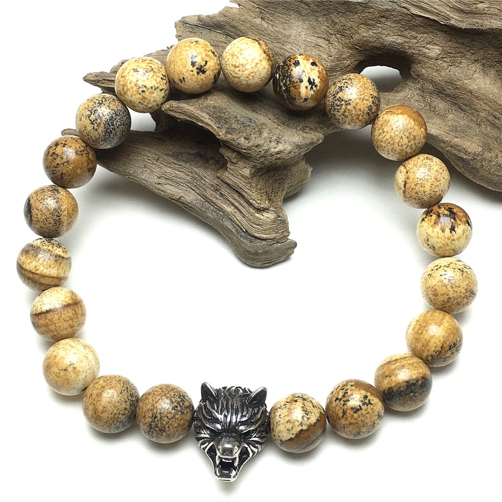 Natural Picture Jasper Gemstone with Wolf Charm Spacer Bracelets Elastic Stretch Bracelet
