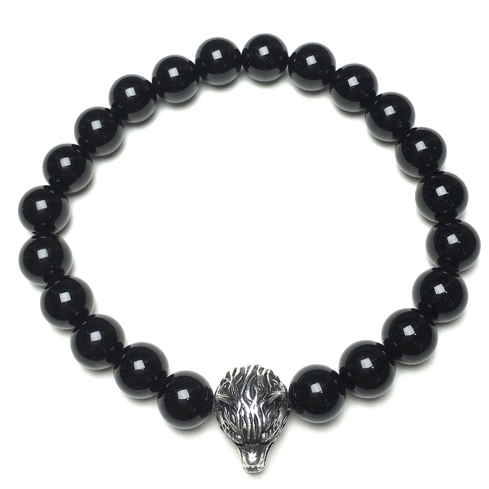 Natural Black Onyx Gemstone with Wolf Charm Bracelets Elastic Jewelry