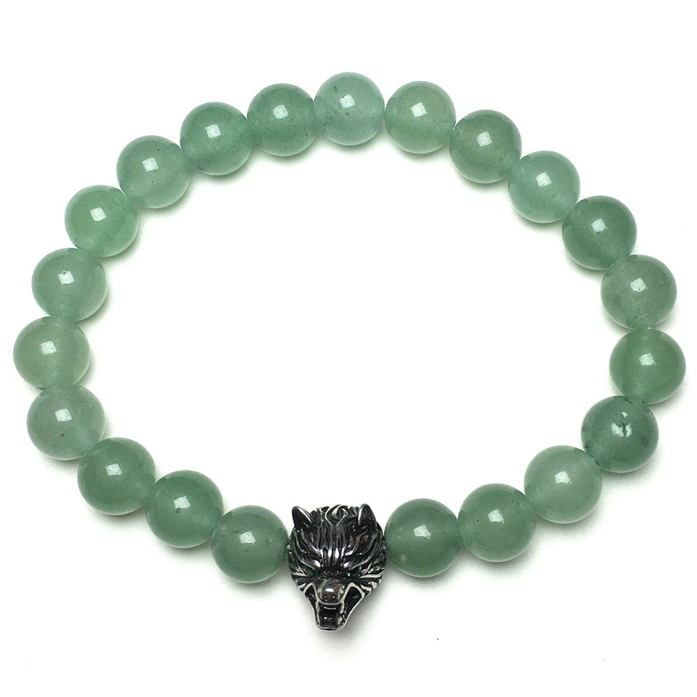 Wolf Charm Natural Green Adventurine Stone Bracelets Elastic Jewelry